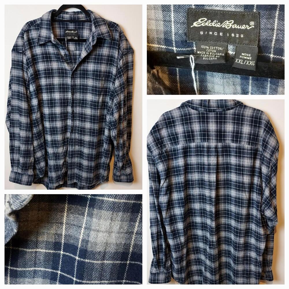 Eddie Bauer Shirt Men's 2XL Blue White Plaid Flannel Long Sleeve Button-Down‎